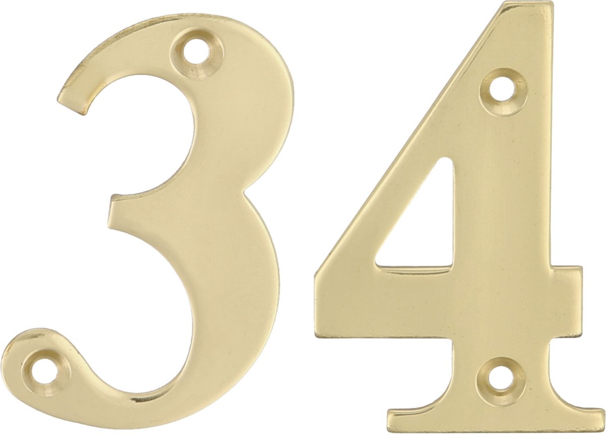 AMIG Huisnummer 34 - massief messing - 10cm - incl. bijpassende schroeven - gepolijst - goudkleur