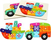 Houten Puzzels, 2 Stuks 3D Dierenpuzzel Speelgoed Baby's Games, Sorteer speelgoed, Vormnummerpuzzel, Houten Legpuzzels voor Peuters,cadeau educatief speelgoed voor kinderen van 1-3 jaar (Vervoer)