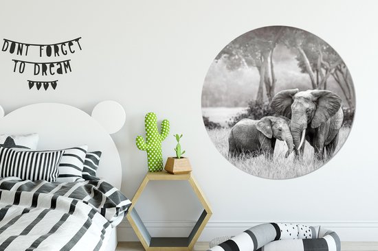 Cercle mural - Cercle mural intérieur - Bébé éléphant avec sa mère en noir et blanc - ⌀ 120 cm - Décoration murale - Peintures ronds XXL