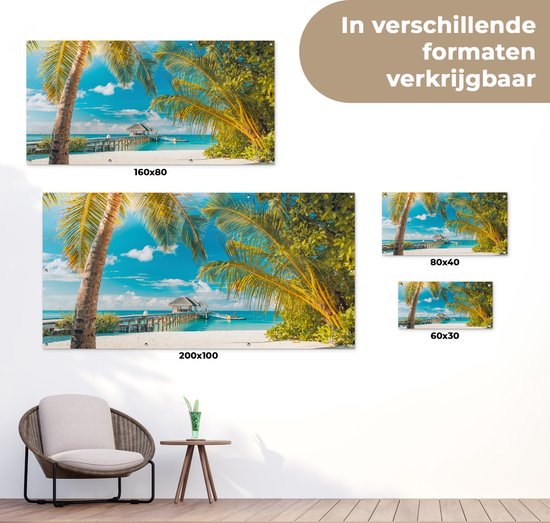 Affiche pour clôture Plage - Palmier - Mer - 200x100 cm - Toile de jardin