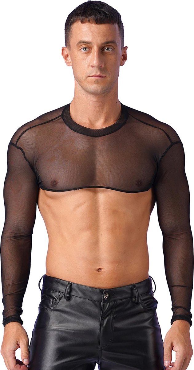 Goedkoopste Erotische transparante mannen top - Crop - Sexy heren kleding - Rollenspel - BDSM - Festival - Zwart en Wit - Uitdagend