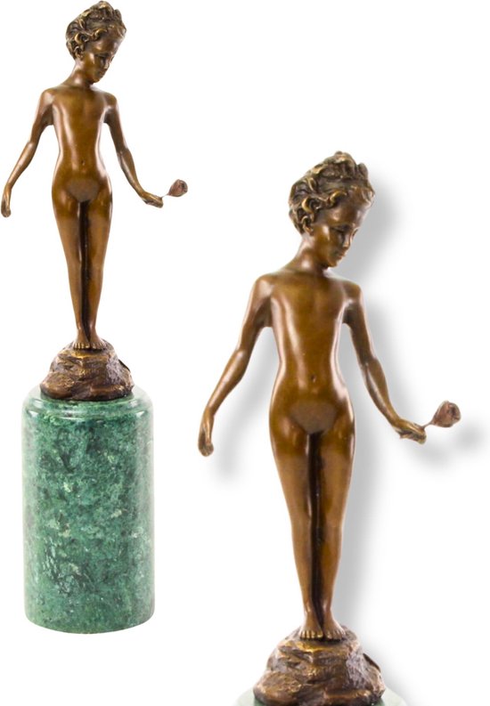 Meisje met Roos - Bronzen Beeld - Art Deco Kunst - Gesigneerd Sculptuur op Marmer Sokkel - Officiële Brons Stempel - Brons Beeldje Decoratie - Beeldend Kunstwerk - 9x7x31