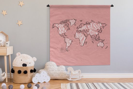 Tapisserie - Toile murale - Wereldkaart - Rose - Wit - Lettres - 150x150 cm - Tapisserie