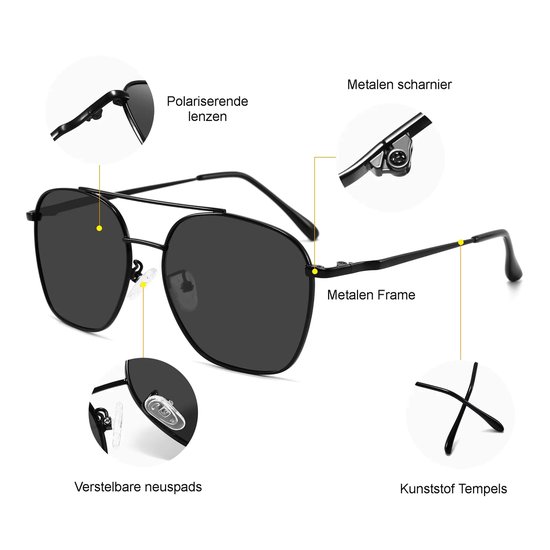 Fako Sunglasses® - Zonnebril Vierkant - Polariserend - Polarized Zonnebril - Heren Zonnebril - Dames Zonnebril - Model Tom - Zwart van Fako Sunglasses® — afbeelding 2