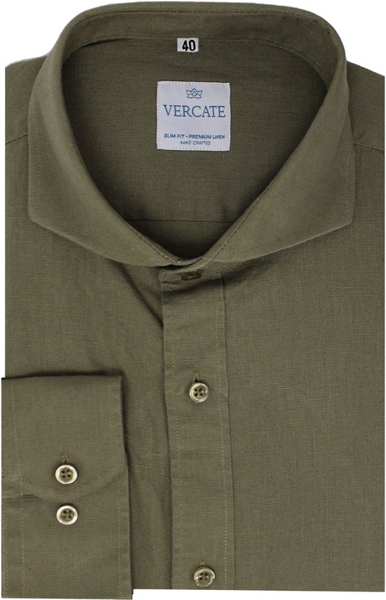 Vercate - Chemise à manches longues pour homme - Olive / Vert foncé - Coupe slim - Rayonne de lin - Taille 42/L