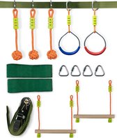 Hangel-parcour Ninja Slackline-set met 10 m slackline, touwen, handgrepen en meer trainingsaccessoires, tuinparcour, outdoor klimspeelplaats