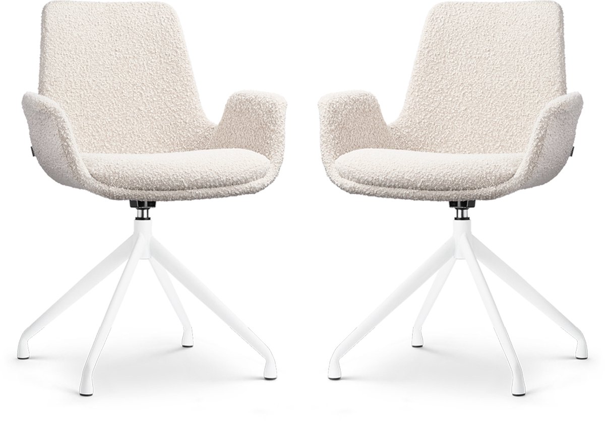 Nolon Nola-Eef Eetkamerstoelen Set van 2 Bouclé Beige - Draaibaar - met Armleuning - Stof - Wit Onderstel - Lage Armleuning - Design - Scandinavisch Bouclé - Beige - Wit onderstel