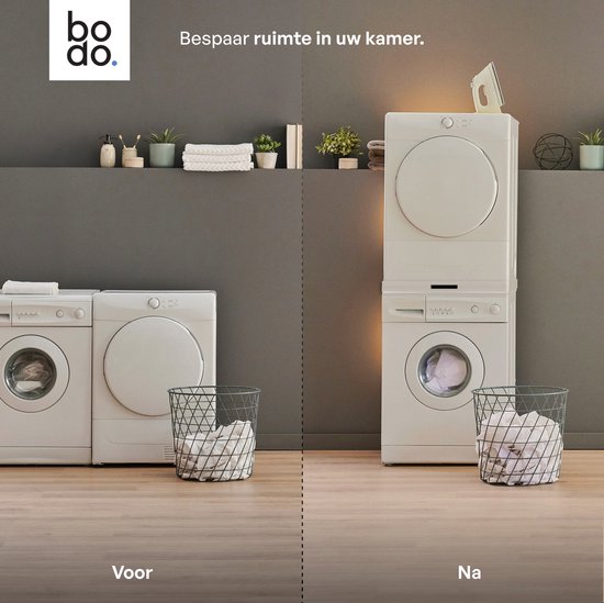 Bodo® - Stapelkit voor Wasmachine en Droger - Tussenstuk met uitschuifbare plank - Inclusief Anti-Trilrubbers - Wit - Bodo