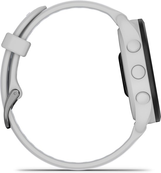 Zijaanzicht van Garmin Forerunner 165 smartwatch met wit bandje, drie knoppen aan de zijkant.
