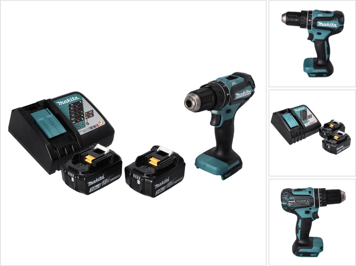 Makita DHP 485 RF accu-klopboormachine 18 V 50 Nm borstelloos + 2x accu 3,0 Ah + oplader