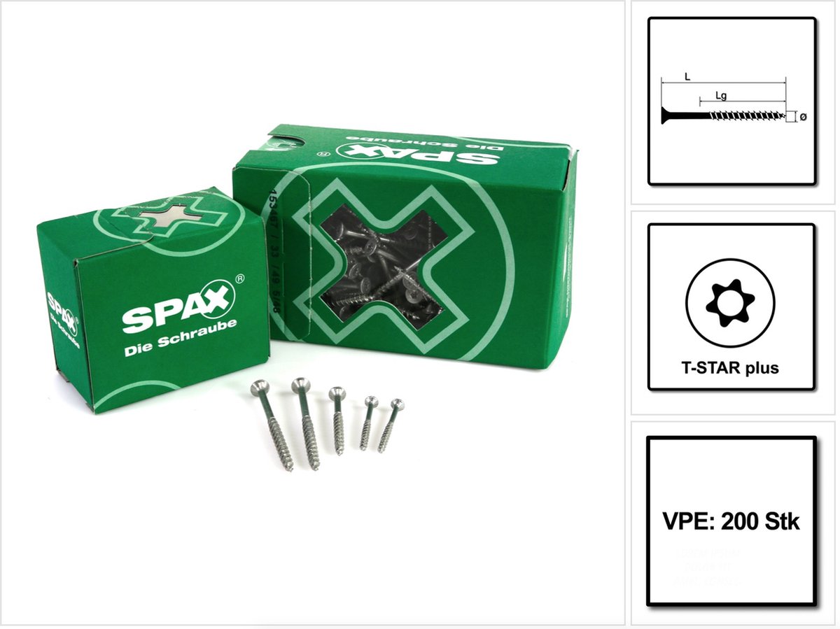 SPAX universele schroef 5,0 x 60 mm 200 stuks TORX T-STAR plus T20 WIROX verzonken kop gedeeltelijke schroefdraad 4Cut-punt
