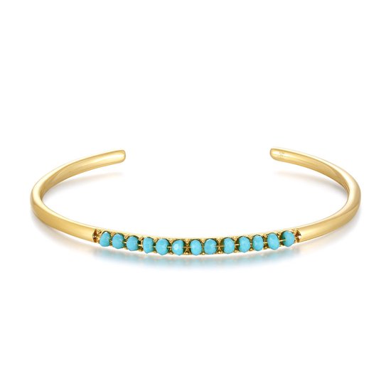 Twice As Nice Armband in goudkleurig edelstaal, open bangle, turquoise steentjes 19 cm