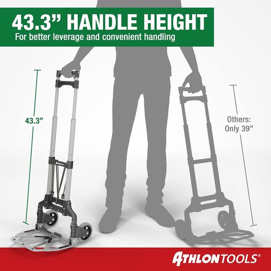 ATHLON TOOLS Aluminium opvouwbare handkar - glad lopende wielen met zachte loopvlakken - incl. 2 uitbreidingskoorden (Hand Truck Heavy) - model 2025 ATHLON TOOLS Aluminium opvouwbare handkar - glad lopende wielen met zachte loopvlakken - incl. 2 uitbreidingskoorden (Hand Truck Heavy) - model 2025