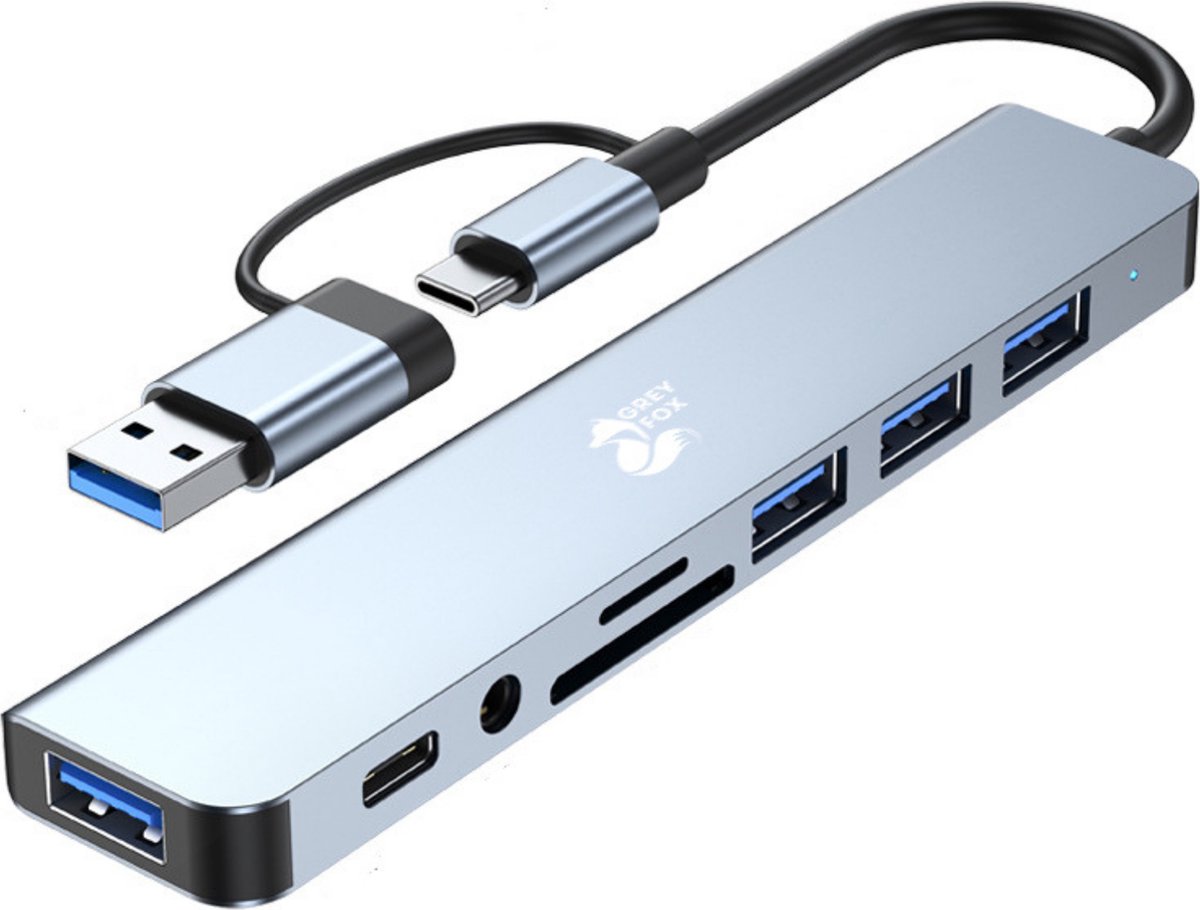 Grey Fox 8 in 1 USB Hub - USB Splitter 2.0/3.0 - USB C Type - Micro TF/SD Kaarlezer - Audio - Geschikt voor Mobiel, Laptop, Macbook en Windows