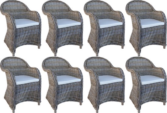 Decomeubel Rotan Stoel Kubu Grey met wit Kussen - set van 8 stoelen