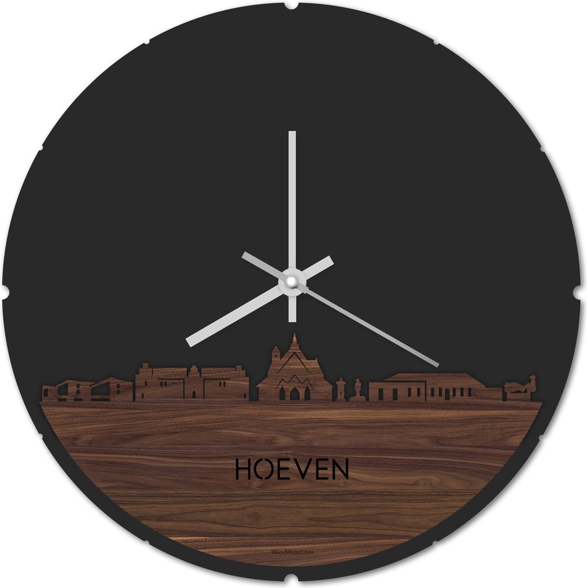 Skyline Klok Rond Hoeven Notenhout - Ø 44 cm - Stil uurwerk - Wanddecoratie - Meer steden beschikbaar - Woonkamer idee - Woondecoratie - City Art - Steden kunst - Cadeau voor hem - Cadeau voor haar - Jubileum - Trouwerij - Housewarming -