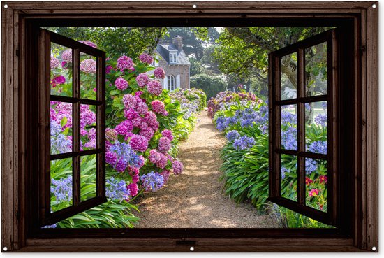 Tuinposter doorkijk bloemen - Donkerbruin raam - Tuindecoratie hortensia - 180x120 cm - Tuinschilderij voor buiten paars - Tuindoek - Wanddecoratie tuin - Schuttingdoek - Balkon decoratie - Muurdecoratie - Buitencanvas tuinversiering