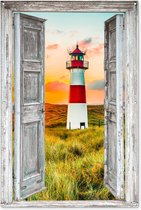 Tuinposter 120x180 cm - Vuurtoren - Doorkijk - Natuur - Zon - Landschap - Strand - Zee - Witte deur - Tuindecoratie voor buiten - Schutting decoratie - Muurdecoratie - Tuin schilderij - Tuindoek - Buitenposter