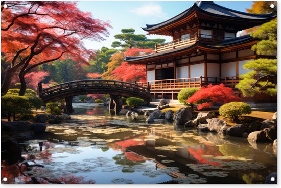 Tuinposter - Tuindoek - Tuinposters buiten - Japanse tuin - Rivier - Bomen - Natuur - Japan - 120x80 cm - Tuin