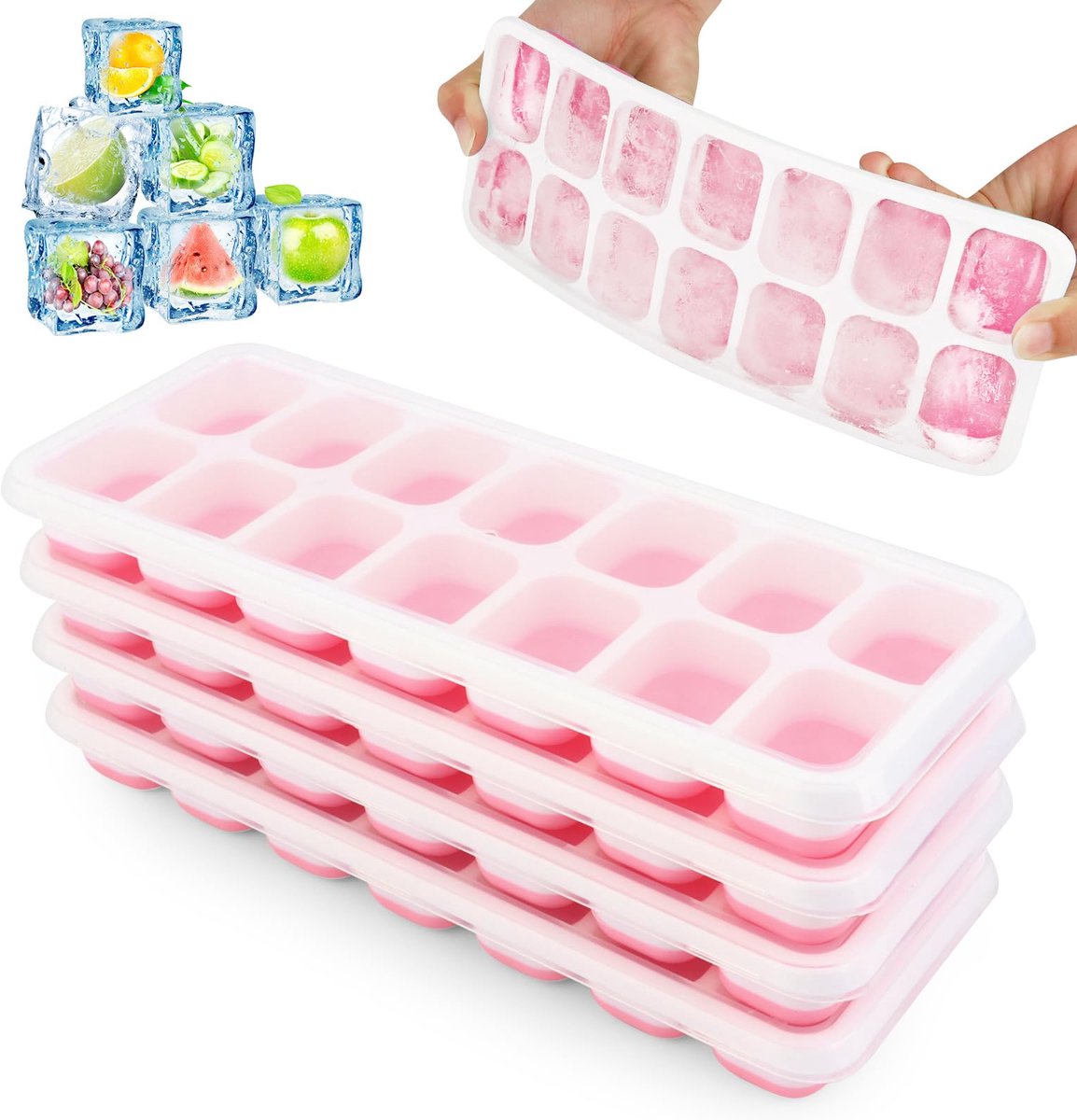 Ibenzoa® IJsblokjesvorm met Deksel voor Dranken, 4 Stuks, Siliconen, Stapelbaar, BPA-vrij, Roze