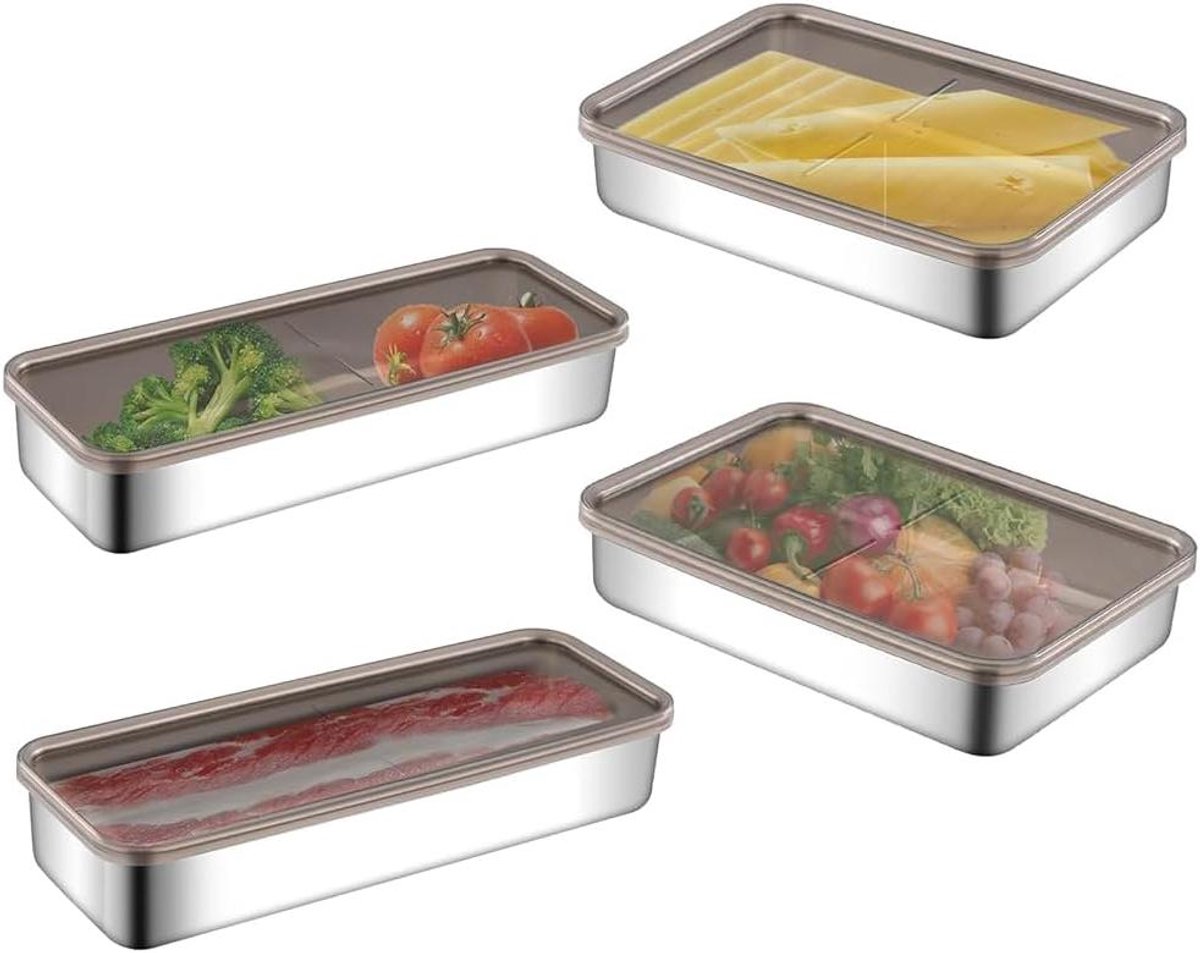 Allecto Plus - Set van 4 rechthoekige opbergdozen voor koelkast - RVS - Delicatessencontainer - Koelkast organizer - Vriesvak - Koud vlees - Sandwich - 304 roestvrijstaal