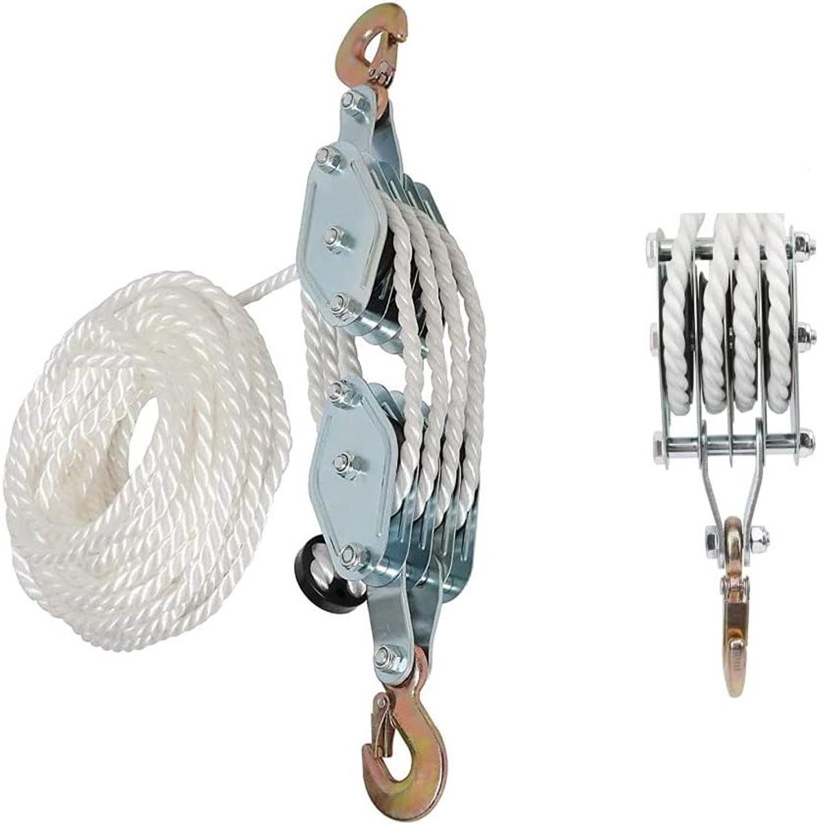 JGS Premium - Flessenkabel 4-voudig met touw katrol kabellier - 25 meter - 2000 kg draagkracht - nylon - heft riemschijf - gegalvaniseerde stalen haak