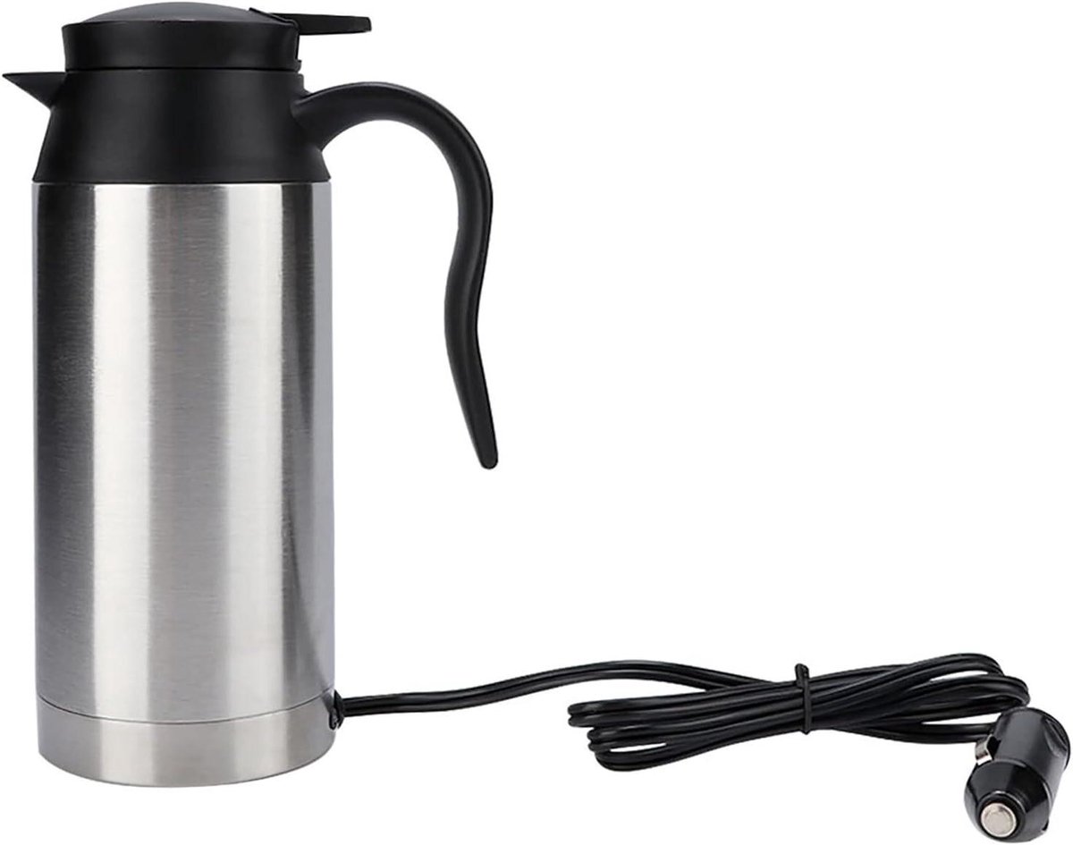 JGS Premium - Roestvrijstalen Auto Elektrische Verwarmingsmok 750ml voor Reizen met Waterkokerfunctie - Zwart en Zilvergeschikt voor Thee en Koffie.