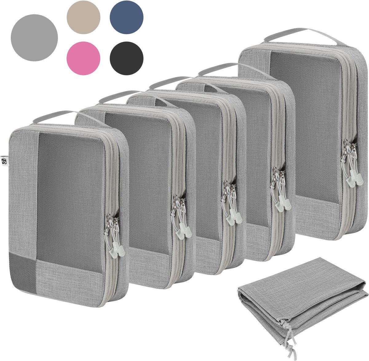 Skycases Packing Cubes Compression - Koffer Organizer Set - 6-delige Set - Met Compressie Rits - Voor koffers en tassen - Lichtgrijs