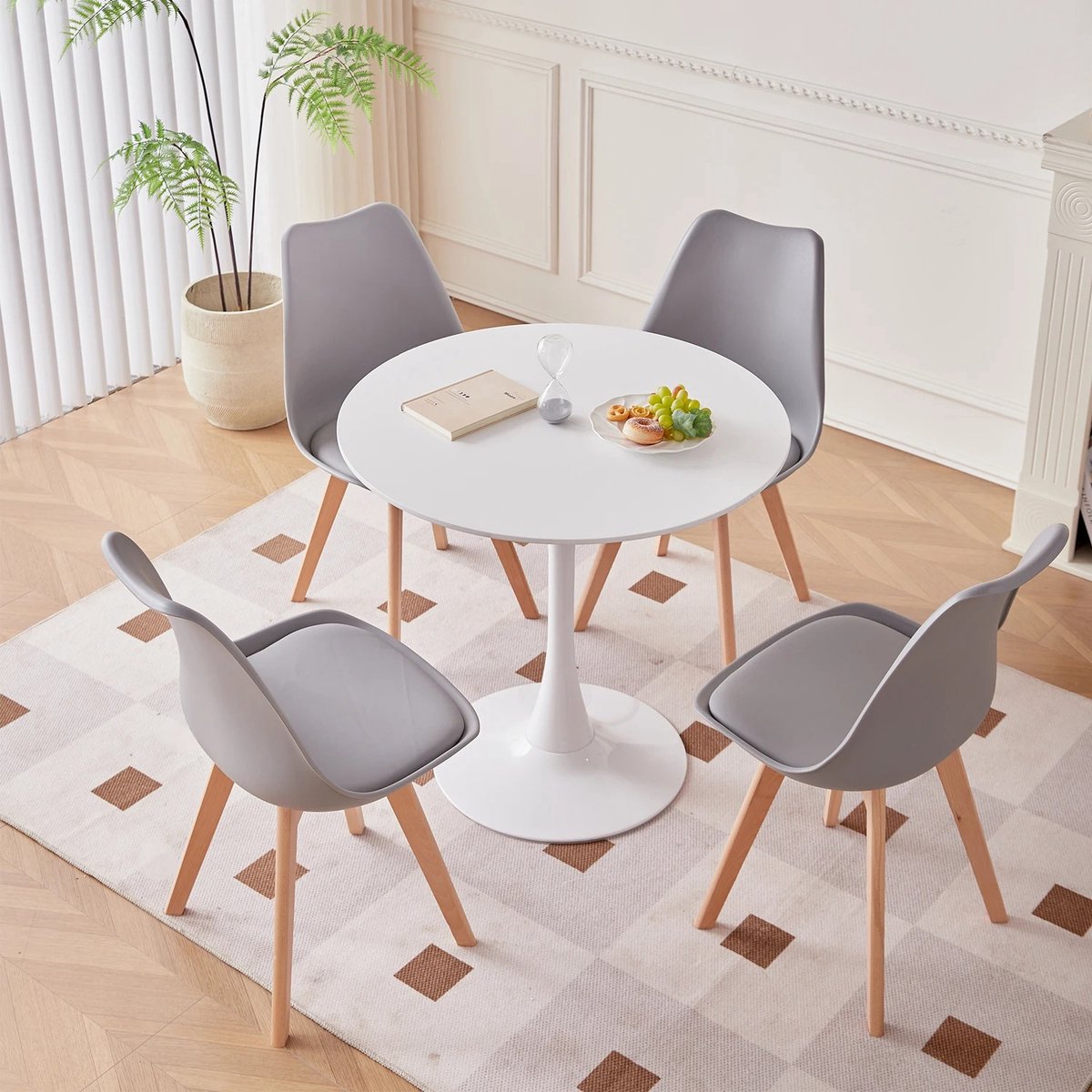Mila Shop Eetkamer set - Eethoekset tafel en stoelen - Ronde eettafel - 4 Eetkamerstoelen - Houten poten - Kunststof - Grijs