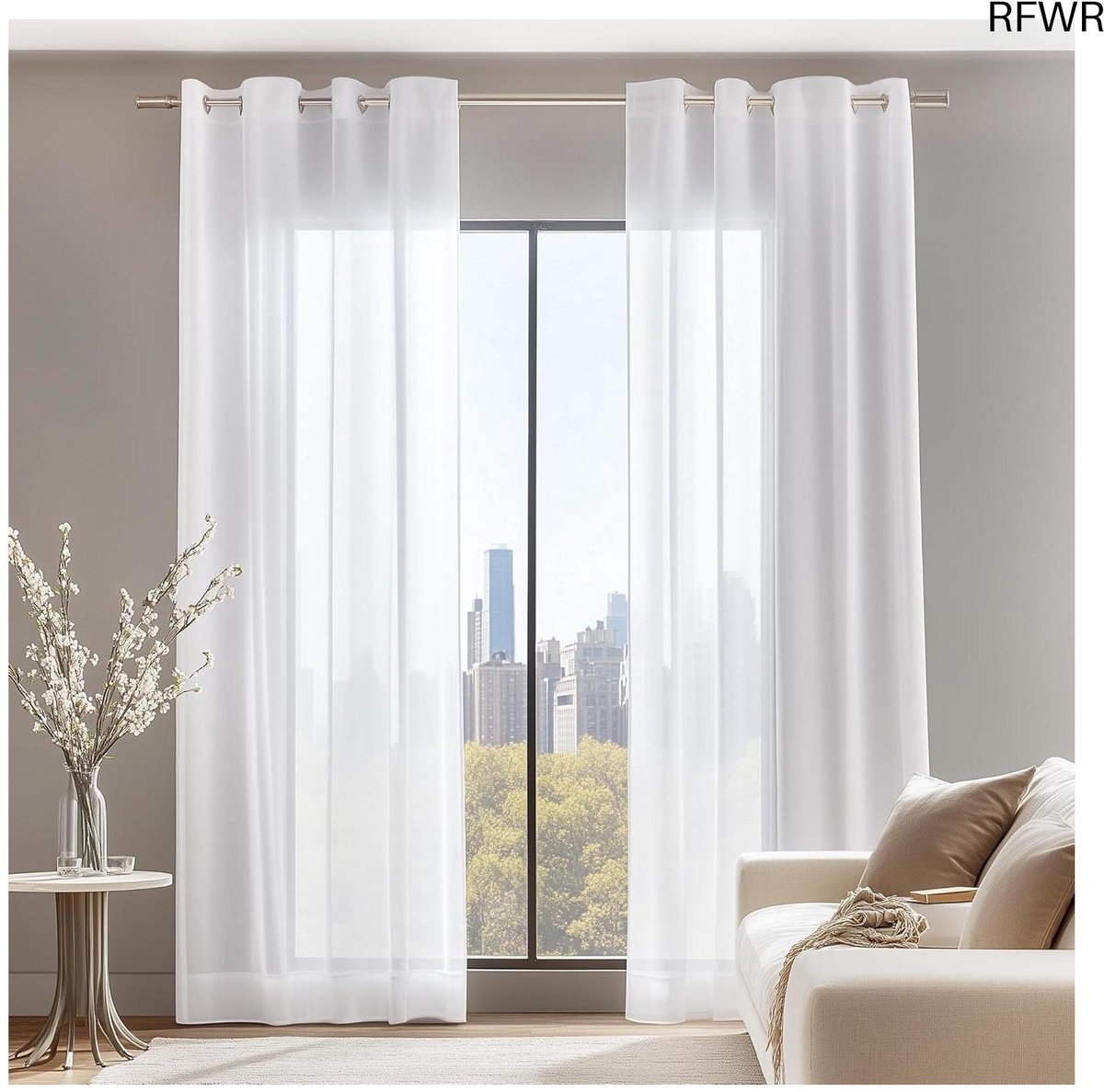 RFWR® Set van 2 Vitrage Gordijnen in Wit met Ringen, Transparante Gordijnen voor Woonkamer en Slaapkamer 245 cm Hoog