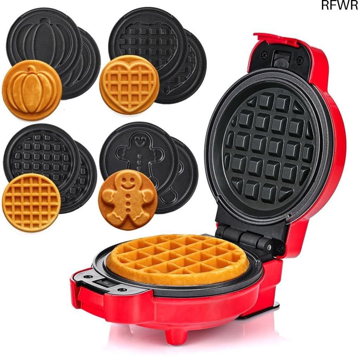 RFWR Mini Wafelijzer met Verwisselbare Bakplaten voor Kinderen Pompoen Peperkoek Hart en Klassiek
