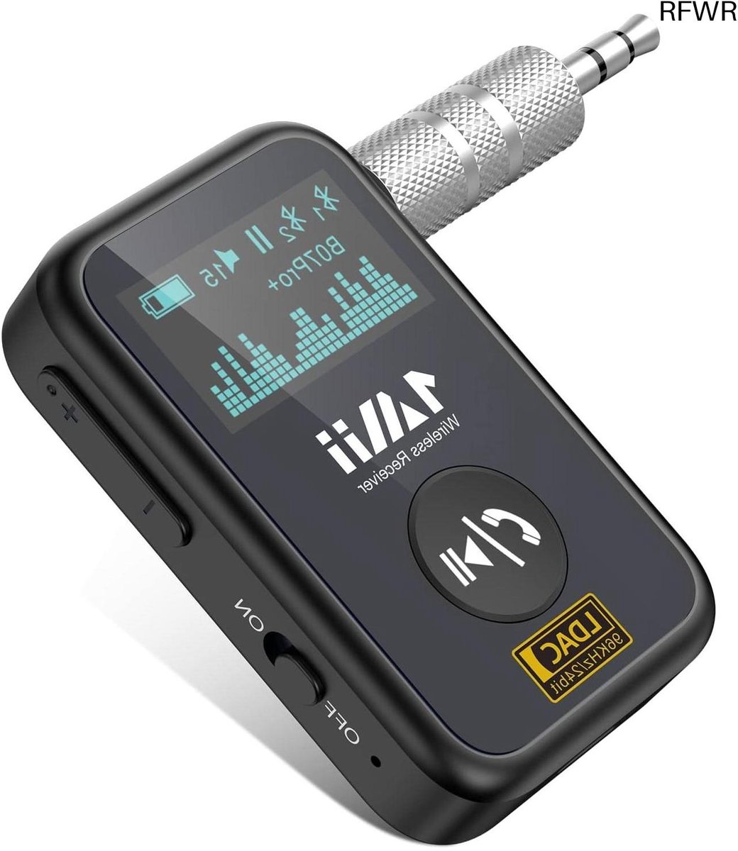 RFWR® Bluetooth 5.3 Aux Adapter voor Auto - LDAC, aptX-HD, OLED-Scherm, Dubbele Koppeling, 14 Uur Batterijduur, Handsfree Bellen