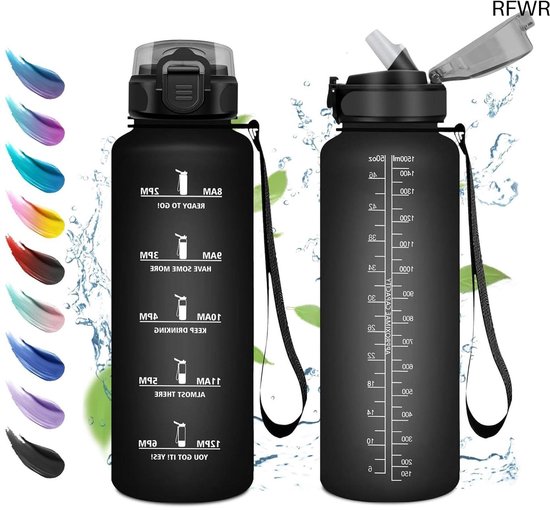 KollyKolla Drinkfles, 1 liter, drinkfles met rietje, lekvrije fitnessfles, sportwaterfles met tijdweergave, motiverende drinkfles voor volwassenen, fiets, reizen