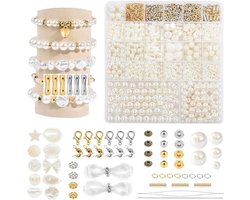 Allecto Plus - Kralenset witte kunstparels 4/6/8/10/12 mm met gouden afstandskralen - Zelf sieraden maken set