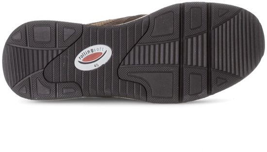 Onderkant van een bruine sneaker met het Rollingsoft logo en een grof profiel.