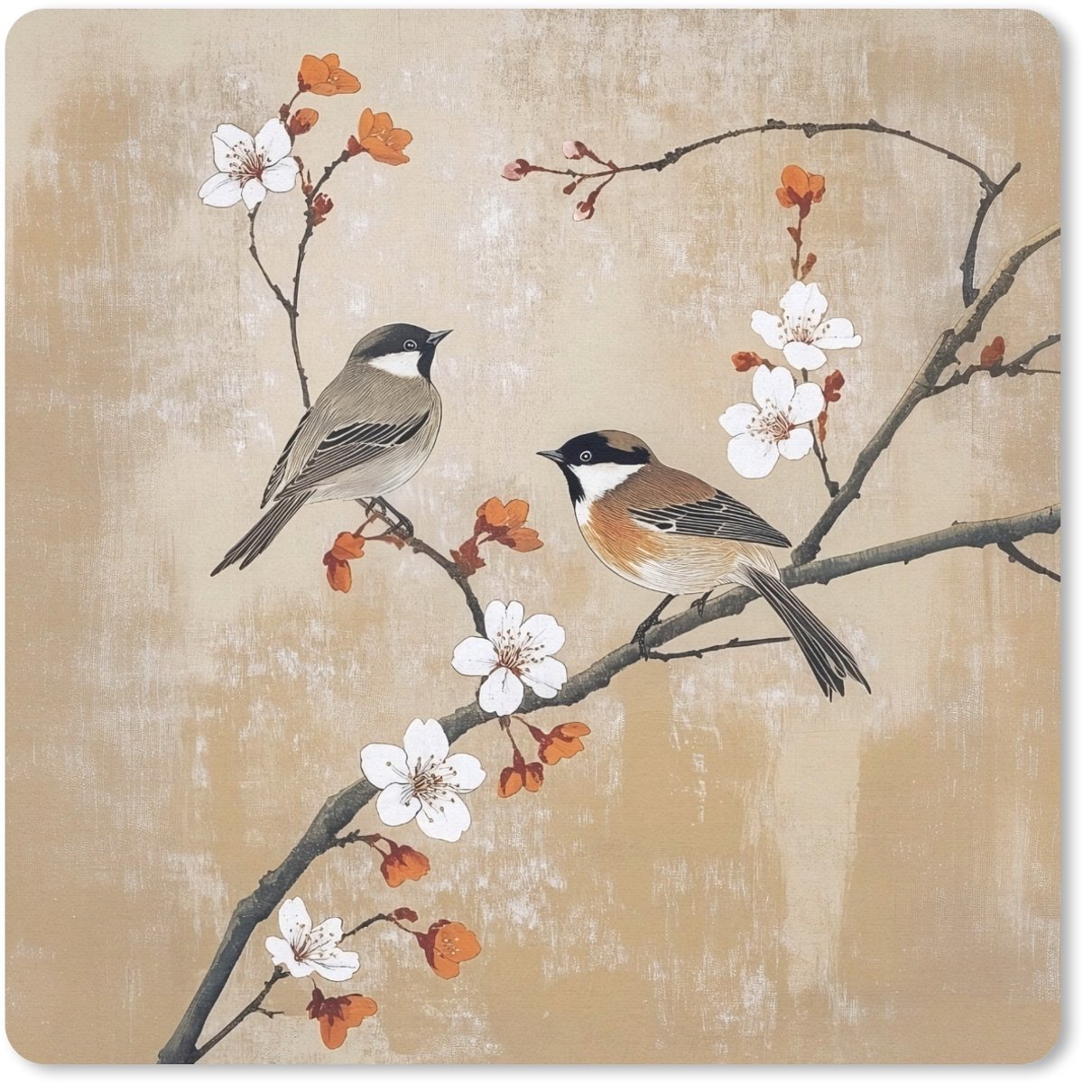 Muismat 20x20 cm - Mousepad Vogels - Bloesemtak - Bloemen - Oranje - Muismatten