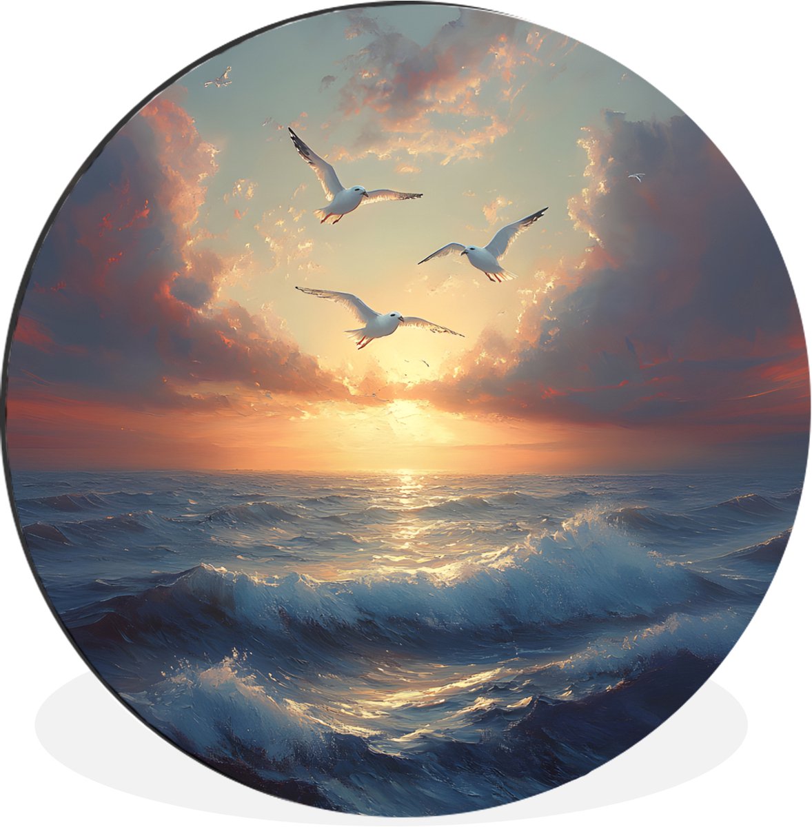 WallCircle Wandcirkel - Muurcirkel - Meeuwen - Zonsondergang - Zee - Wolken - Aluminium - Dibond - 60x60 cm - Binnen en Buiten
