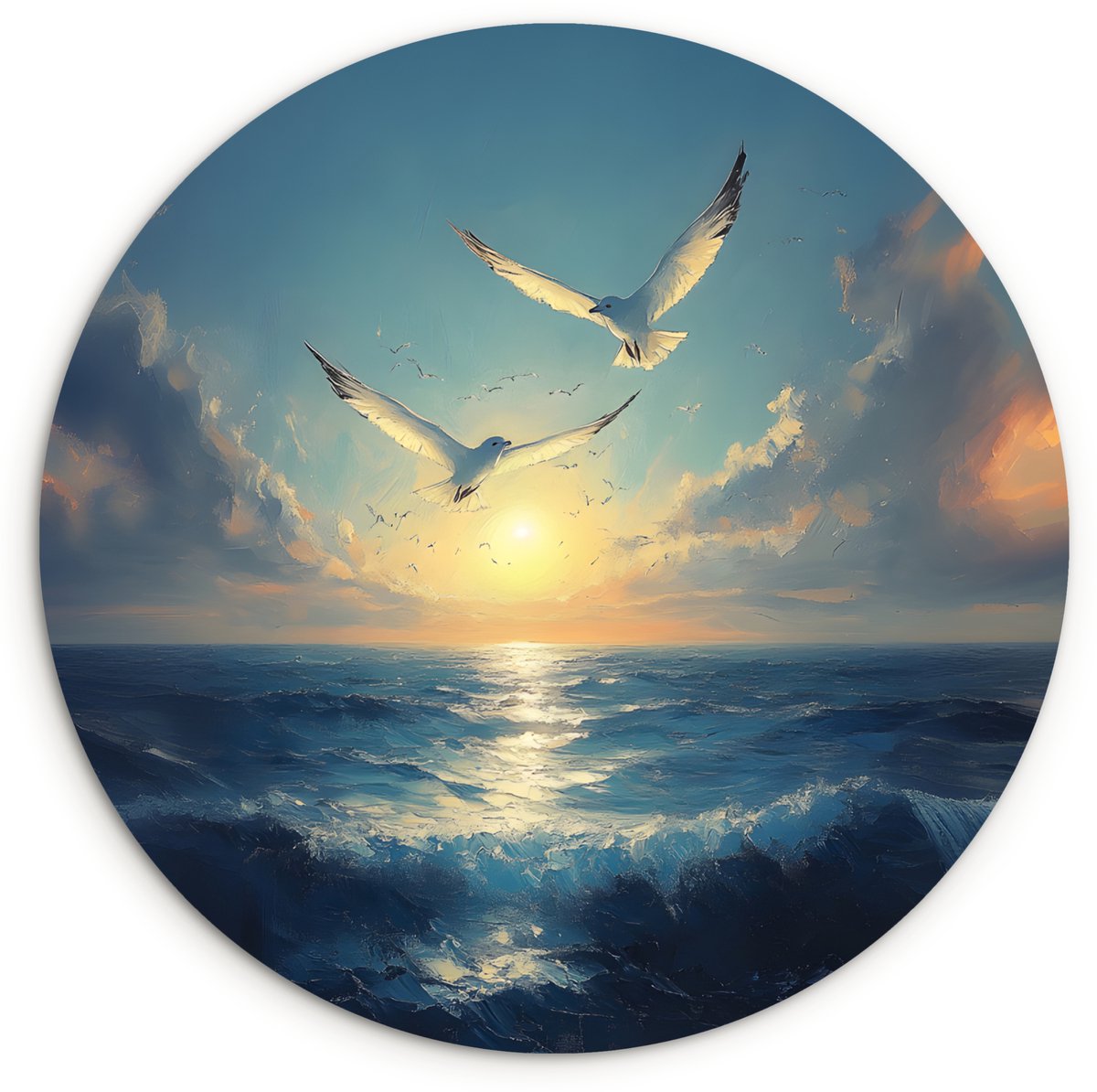 WallCircle Wandcirkel 150x150 cm - Muurcirkel Meeuwen - Zee - Wolken -Blauw - Muurdecoratie woonkamer - Wanddecoratie slaapkamer - Kamer decoratie accessoires - Ronde schilderijen Meeuwen - Zee - Zon