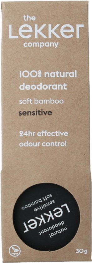 Bruine kartonnen verpakking voor "the Lekker company" natuurlijke deodorant, zacht bamboe, 30g.