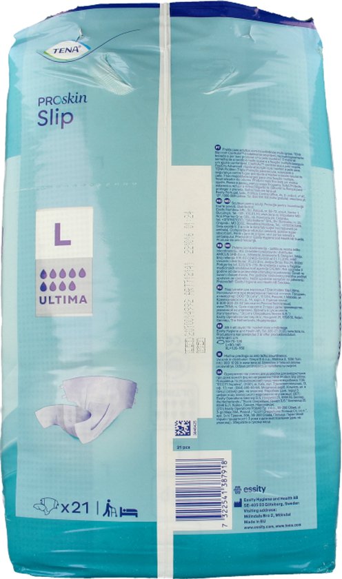Verpakking van TENA ProSkin Slip L, 21 stuks. Bevat productinformatie en afbeeldingen.
