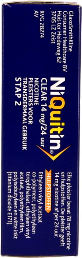 NiQuitin Clear Pleister Stap 2 - 14 mg/24 uur - Nicotinepleister - Stoppen met roken - 7 stuks