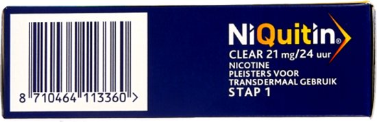 Zijkant van NiQuitin Clear pleister verpakking, stap 1, met barcode.