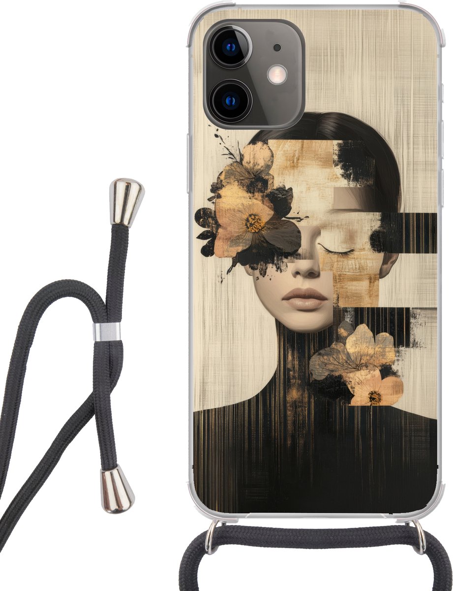 Telefoonhoesje Geschikt voor iPhone 12 Mini - Gezicht - Bloemen - Zwart - Vrouw - Siliconen - Crossbody - Backcover met Koord - Telefoonhoesje met koord - Hoesje met touw Telefoonhoesje