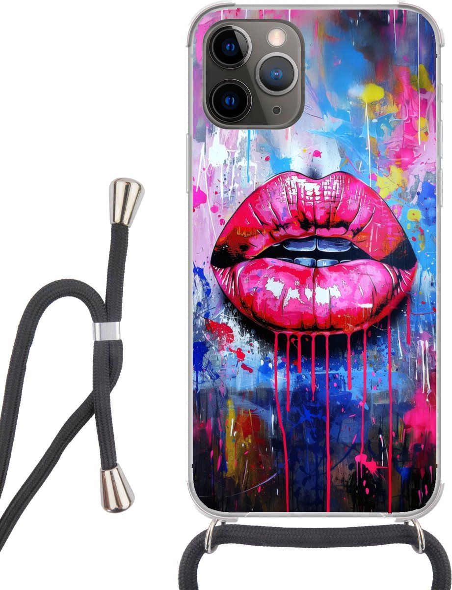 Telefoonhoesje Geschikt voor iPhone 11 Pro - Graffiti - Lippen - Felroze - Geschilderd - Siliconen - Crossbody - Backcover met Koord - Telefoonhoesje met koord - Hoesje met touw Telefoonhoesje