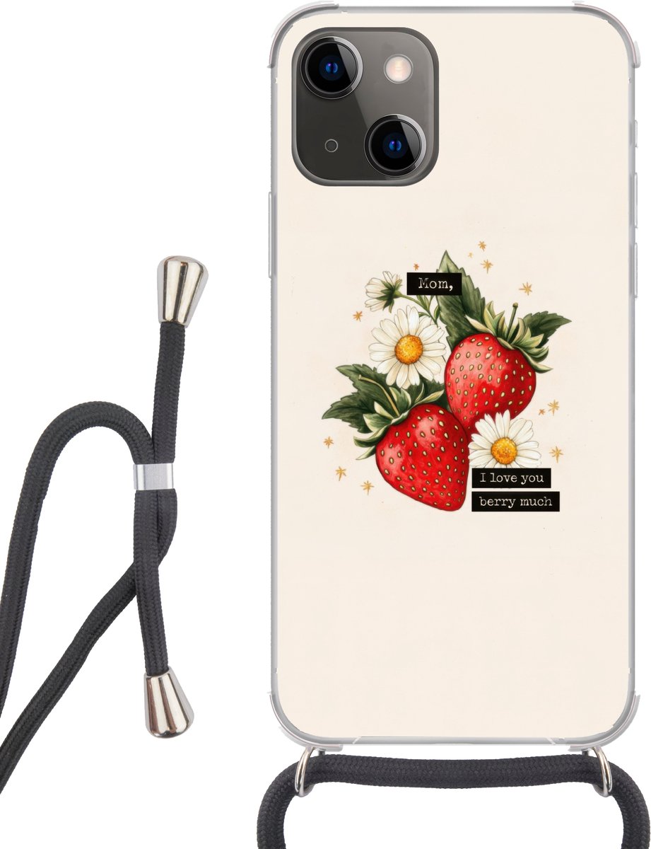 Telefoonhoesje Geschikt voor iPhone 13 Mini - Aardbeien - Madeliefjes - Quote - Sterretjes - Siliconen - Crossbody - Backcover met Koord - Telefoonhoesje met koord - Hoesje met touw Telefoonhoesje