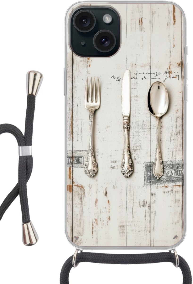 Telefoonhoesje Geschikt voor iPhone 15 Plus - Zilver - Bestek - Hout - Siliconen - Crossbody - Backcover met Koord - Telefoonhoesje met koord - Hoesje met touw Telefoonhoesje