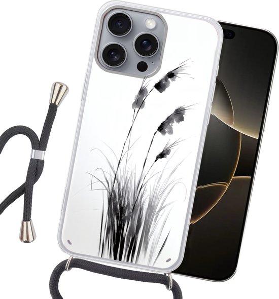 Telefoonhoesje Geschikt voor iPhone 16 Pro Max - Minimalistisch - Stelen - Wit - Siliconen - Crossbody - Backcover met Koord - Telefoonhoesje met koord - Hoesje met touw Telefoonhoesje