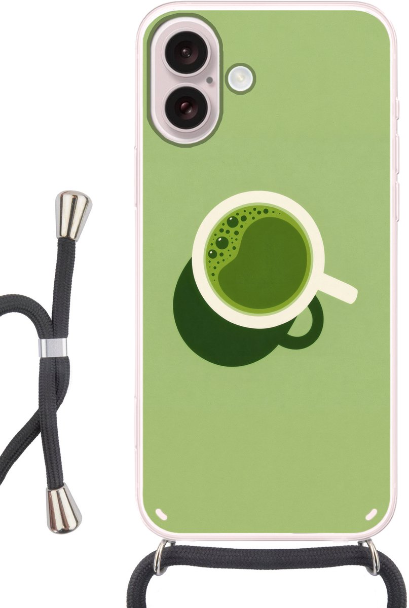 Telefoonhoesje Geschikt voor iPhone 16 - Minimalistisch - Kopjes - Matcha -Groen - Siliconen - Crossbody - Backcover met Koord - Telefoonhoesje met koord - Hoesje met touw Telefoonhoesje
