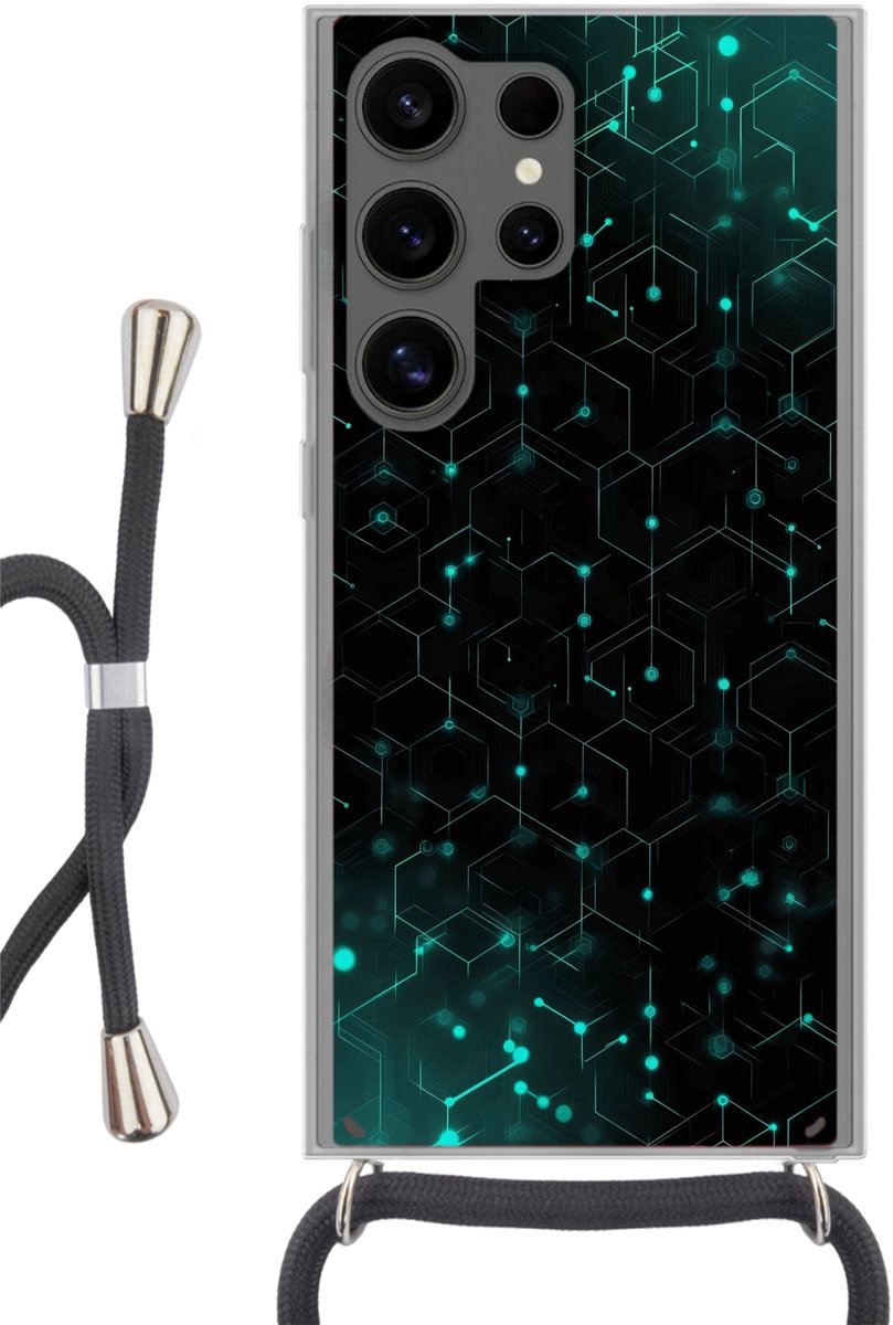 Telefoonhoesje Geschikt voor Samsung Galaxy S24 Ultra - Gaming - Netwerk - Blauw - Punten - Patroon - Siliconen - Crossbody - Backcover met Koord - Telefoonhoesje met koord - Hoesje met touw Telefoonhoesje