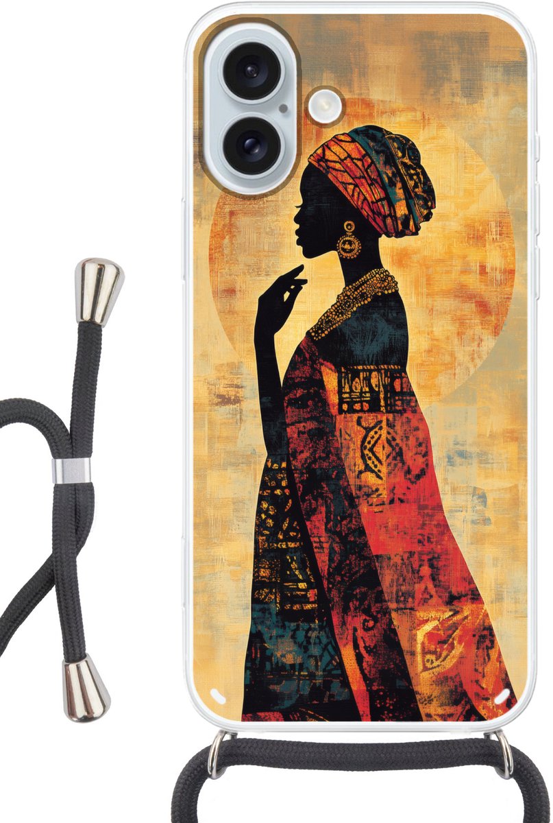 Telefoonhoesje Geschikt voor iPhone 16 Plus met koord - Vrouw - Silhouet - Patronen - Sierlijk - Siliconen - Crossbody - Backcover met Koord - Telefoonhoesje met koord - Hoesje met touw Telefoonhoesje